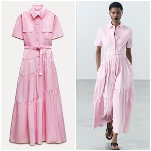 Zara ZW COLLECTION POPLIN SHIRTDRESS, pastel  pink, cotton, tiered
